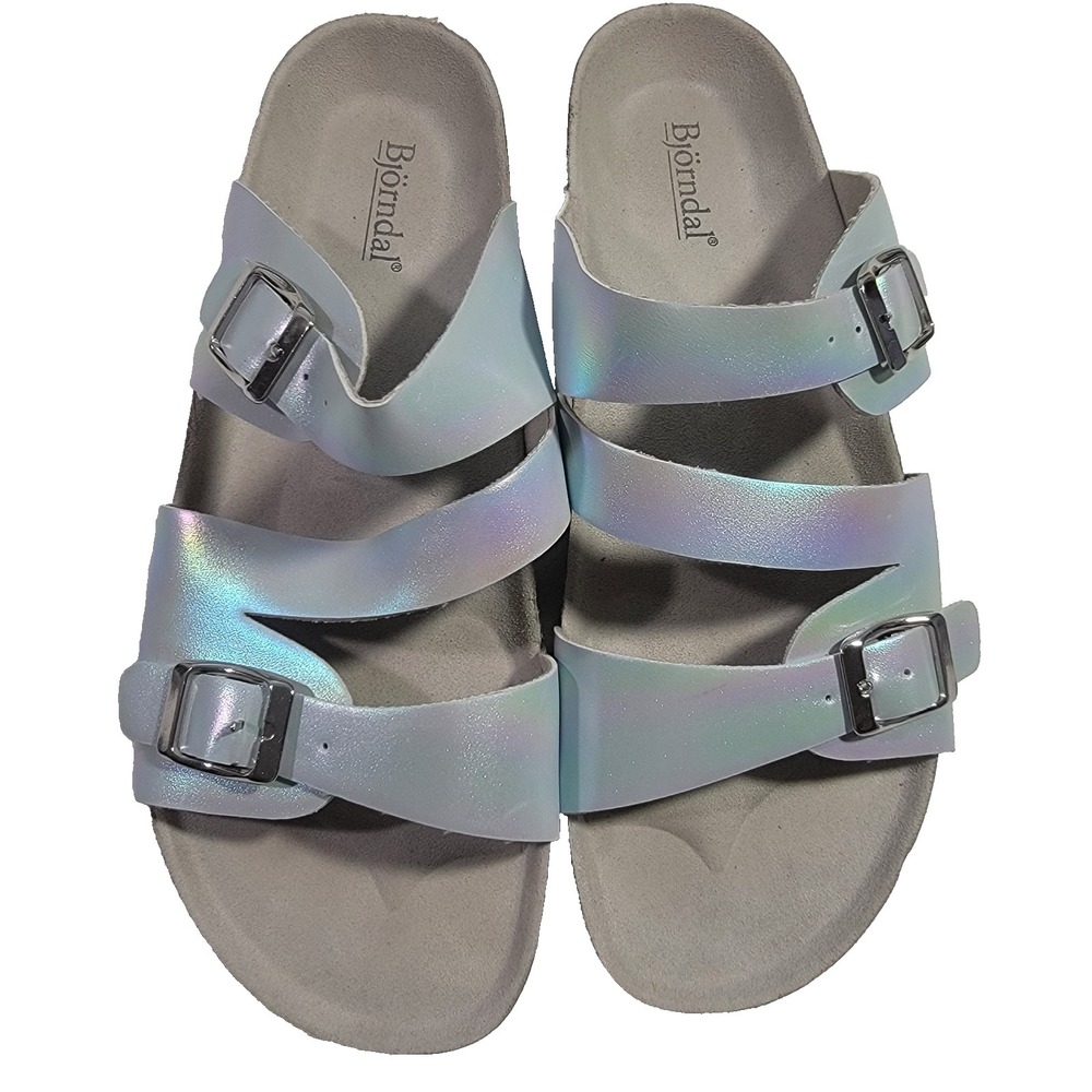 Bjorndal Delaney Sandals Womens 9 Metallic Rainbow Silver Buckle Comfort Slip On